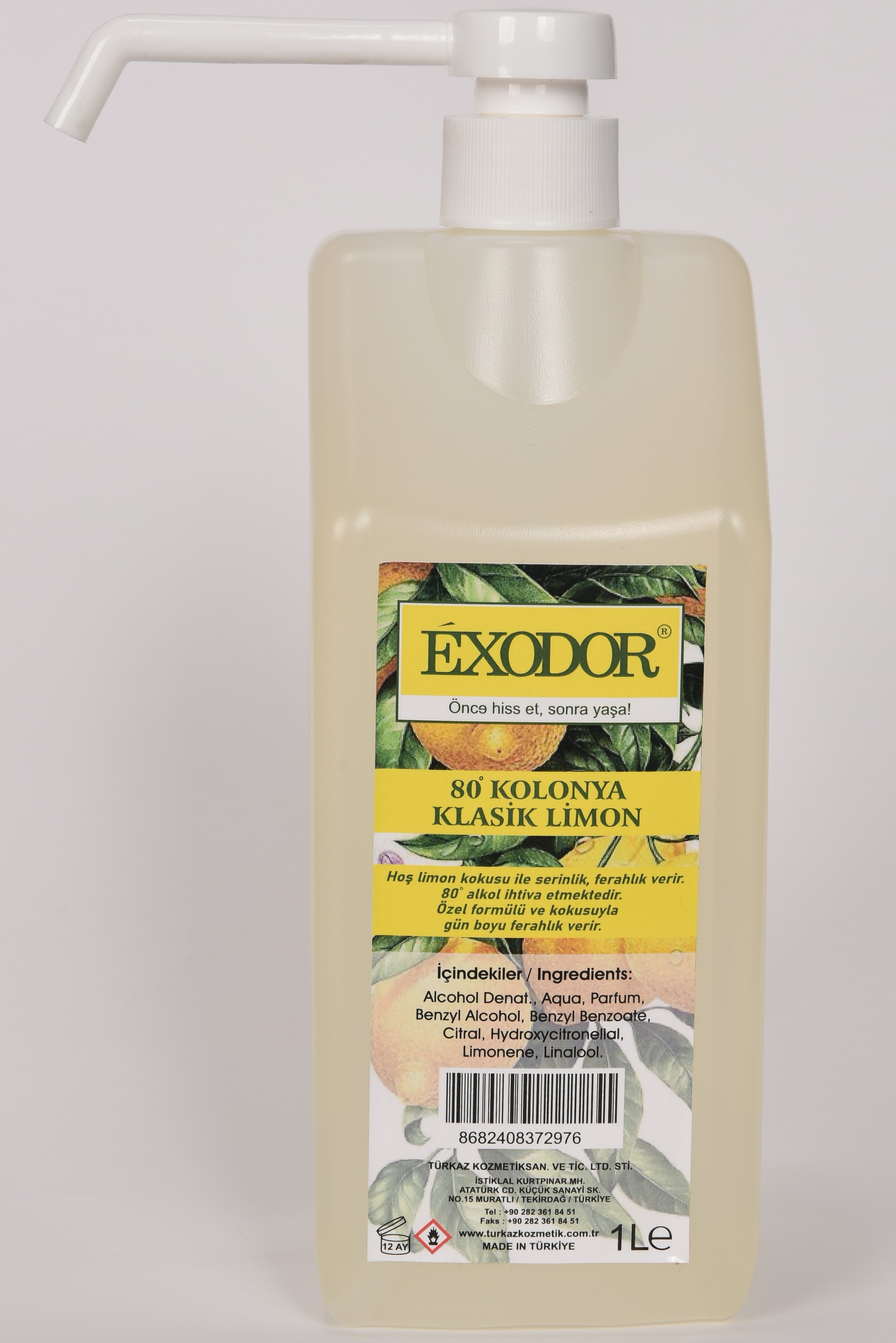 EXODOR Klasik Limon Kolonyası Sprey Başlıklı 1 lt 80 Derece 